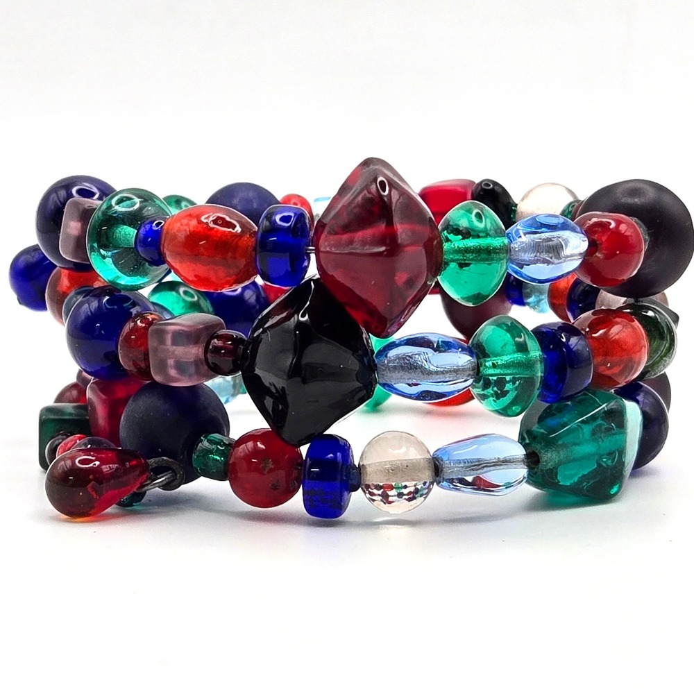 Jewel Tone Czech Glass Bead Memory Wire Wrap Bracelet Red Blue Green